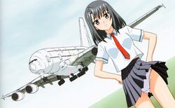  absurdres aika_(series) aika_r-16 airbus_a380 aircraft airplane artbook ass_visible_through_thighs black_hair blue_skirt blush brown_eyes closed_mouth cloud cloudy_sky collared_shirt crotch_seam dutch_angle extra female hands_on_own_hips highres looking_at_viewer medium_hair necktie official_art panties pantyshot pleated_skirt red_necktie shirt short_sleeves skirt sky solo standing thighs underwear uniform white_panties white_shirt wind wind_lift yamauchi_noriyasu 