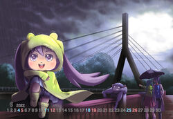  1boy 3girls alternate_eye_color alternate_hair_color bridge calendar_(medium) clenched_teeth cloud cloudy_sky commentary dark_clouds frog_raincoat green_hoodie hatsune_miku highres hood hoodie june kamui_gakupo knee_up lolita_majin mikudayoo multiple_girls outdoors outstretched_arm pink_skirt pleated_skirt pointing purple_eyes purple_hair rain raincoat shiteyan&#039;yo sideways_glance sitting skirt sky smile teeth twintails umbrella vocaloid 