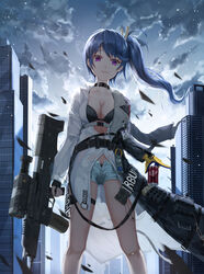  assault_rifle asymmetrical_gloves bad_id bad_pixiv_id bandage_on_knee bare_legs black_bra black_choker black_panties blue_hair blue_shorts bra breasts building can choker cleavage cloud cloudy_sky coat dr_pepper drink_can fall_(aki) female fingerless_gloves girls&#039;_frontline gloves gun holding holding_can holding_weapon jacket k11_(girls&#039;_frontline) looking_at_viewer looking_down medium_breasts open_clothes open_jacket outdoors panties panty_peek purple_eyes rifle short_shorts shorts side_ponytail sky skyscraper smile soda soda_can solo thigh_strap underwear uneven_gloves weapon white_coat white_jacket 