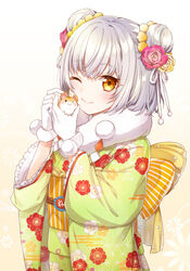  &gt;_o :3 ;t akariko animal back_bow blush bow closed_mouth double_bun egasumi female floral_print flower frilled_sleeves frills gloves gradient_background green_kimono hair_bun hair_flower hair_ornament hamster highres holding holding_animal japanese_clothes kimono long_sleeves looking_at_viewer obi one_eye_closed orange_eyes original pink_flower pink_rose pom_pom_(clothes) print_kimono rose sash short_hair smile solo striped striped_bow upper_body white_gloves white_hair wide_sleeves yellow_bow yellow_flower yellow_rose yukata 