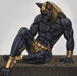  abs anthro anubian_jackal anubis arm_support armband bent_legs biceps black_body canid canine canis claws clothed clothing dagger deity egyptian egyptian_clothing egyptian_headdress egyptian_mythology hieroglyphics inubikko jackal leaning leaning_sideways legband looking_down male mammal melee_weapon middle_eastern_mythology muscular muscular_anthro muscular_legs muscular_male mythology navel pecs solo toe_claws topless topless_anthro topless_male triceps weapon 