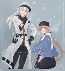  2girls belt black_gloves black_ribbon black_skirt blue_cloak brown_eyes cloak closed_mouth coat commentary_request fur_hat gangut_(kancolle) gloves hair_between_eyes hair_ornament hair_ribbon hairclip hat highres holding holding_smoking_pipe kantai_collection kokko_(014kko) long_hair looking_at_viewer low_twintails multiple_girls pantyhose papakha pleated_skirt red_shirt ribbon scar scar_on_face scarf shirt simple_background skirt smoke smoking_pipe snowing star_(symbol) tashkent_(kancolle) torn_clothes torn_scarf twintails twitter_username white_coat white_hair white_scarf 