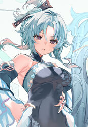  absurdres aged_down bare_shoulders blue_hair blush breasts dress female genshin_impact grey_dress hair_ornament highres instrument large_breasts light_blue_hair long_hair looking_at_viewer madame_ping_(genshin_impact) open_mouth parted_bangs purple_eyes sidelocks solo temir 