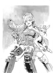  2girls animal_ears antonina_kruschinski backpack bag border breasts from_behind garrison_cap gloves greyscale hand_on_own_neck hannelore_kummel hat headphones holding holding_weapon implied_extra_ears land_striker large_breasts lion_ears lion_girl lion_tail long_hair looking_back mecha_musume mechanical_legs medium_breasts monochrome multiple_girls no_pants nogami_takeshi official_art open_mouth panties ponytail rabbit_ears rabbit_girl rabbit_tail single_bang sky sleeves_rolled_up strike_witches_(lionheart_witch) tail throat_microphone underwear wavy_hair weapon white_border world_witches_series 