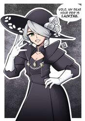  absurdres black_dress black_hat breasts cleavage cogita_(pokemon) commentary contrapposto dress english_commentary english_text female flower gloves green_eyes grey_hair hair_over_one_eye hand_on_own_hip hat hat_flower highres kermittend lips mature_female medium_breasts pokemon pokemon_legends:_arceus rose solo white_flower white_gloves white_rose 