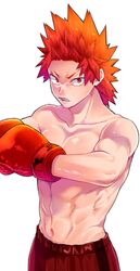  1boy abs alternate_costume boku_no_hero_academia boxing_gloves collarbone commentary cowboy_shot gloves highres kirishima_eijirou looking_at_viewer male_focus muscular muscular_male navel pectorals red_eyes red_gloves red_hair red_shorts sato_unta sharp_teeth short_hair shorts simple_background solo spiked_hair symbol-only_commentary teeth topless_male white_background 