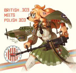  2018 aircraft anthro blush bottomwear breasts brown_body brown_fur canid canine canis clothed clothing domestic_dog english_text eyewear female female_anthro fur glasses green_eyes gun hawker_hurricane hawker_hurricane_(hideki_kaneda) hi_res hideki_kaneda holding_gun holding_object holding_ranged_weapon holding_weapon hurricane_mk_i machine_gun mammal ranged_weapon skirt solo text vehicle weapon 