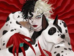  101_dalmatians ashva black_hair blonde_hair canine claws coat cosplay crossover cruella_de_vil cruella_de_vil_(cosplay) danny_(jojo) dio_brando eyelashes female fur_coat genderswap_(mtf) gloves highres jewelry jojo_no_kimyou_na_bouken licking_lips looking_at_viewer makeup medium_hair multicolored_hair phantom_blood red_background red_eyes red_gloves red_lips ring rule_63 slit_pupils stitches tongue tongue_out two-tone_hair upper_body 