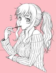  ^^^ bare_shoulders commentary_request eating female food greyscale_with_colored_background idolmaster idolmaster_cinderella_girls long_hair monochrome nigou off-shoulder_sweater off_shoulder ohtsuki_yui pink_background pocky ponytail sidelocks simple_background solo sweater 