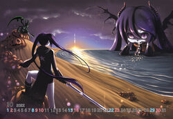  3girls august beach black_hair black_jacket black_rock_shooter black_rock_shooter_(character) calendar_(medium) cloud coat commentary dead_master demon_horns from_behind giant giantess hatsune_miku highres holding holding_sword holding_weapon hood hooded_jacket horns jacket lake lolita_majin long_hair mikudayoo multiple_girls ocean october pumpkin purple_eyes purple_hair scythe shorts sunset sword twintails very_long_hair vocaloid weapon 