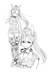  animal_ears antonina_kruschinski breasts cleavage extra_ears female full_body garrison_cap goggles goggles_around_neck greyscale harmonica hat instrument land_striker long_hair looking_at_viewer mecha_musume mechanical_legs medium_breasts military_uniform monochrome multiple_views music no_pants nogami_takeshi official_art panties playing_instrument ponytail rabbit_ears rabbit_girl simple_background single_bang sleeves_rolled_up standing strike_witches_(lionheart_witch) tail thigh_gap underwear uniform white_background white_panties world_witches_series 