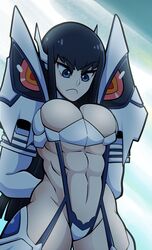  abs absurdres arms_behind_back backlighting black_hair blue_eyes blunt_ends breasts cleavage commentary female frown highres junketsu kermittend kill_la_kill kiryuuin_satsuki large_breasts long_hair muscular muscular_female revealing_clothes solo upper_body v-shaped_eyebrows 