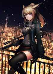  animal_ears black_gloves black_jacket black_skirt black_thighhighs blue_eyes cat_ears city city_lights cityscape commission ear_piercing eatora facial_mark female final_fantasy final_fantasy_xiv gloves grey_jacket gun holding holding_weapon jacket light_brown_hair long_hair long_sleeves looking_at_viewer miniskirt miqo&#039;te night open_clothes open_jacket original outdoors parted_lips piercing pocket ponytail railing rifle sitting skeb_commission skirt sniper_rifle solo thighhighs tokyo_tower warrior_of_light_(ff14) weapon whisker_markings zettai_ryouiki zipper_pull_tab 