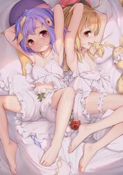  2girls absurdres an-telin armpits arms_behind_head arms_up bare_arms bare_shoulders barefoot blonde_hair blush breasts bridal_garter coin_hair_ornament crop_top dodoco_(genshin_impact) feet flat_chest flower genshin_impact hair_ornament highres klee_(genshin_impact) lolicon long_hair looking_at_another lying multiple_girls navel ofuda on_back on_bed on_side open_mouth parted_lips purple_hair qiqi_(genshin_impact) red_eyes red_flower red_rose rose shirt shorts sideways_glance sleeveless sleeveless_shirt small_breasts smile toes very_long_hair white_flower white_rose white_shirt white_shorts 