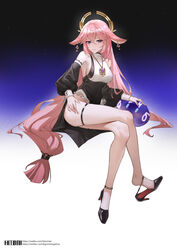  absurdres alternate_costume animal_ears artist_name bare_legs bare_shoulders black_background black_dress black_footwear black_sleeves blue_background breasts crossed_legs detached_sleeves dress earrings feet female floppy_ears fox_ears frills full_body genshin_impact gradient_background hair_between_eyes hair_ornament hand_on_own_thigh high_heels highres hitomi_(tongshou) invisible_chair jewelry large_breasts legs long_hair long_sleeves looking_at_viewer low-tied_long_hair necklace parted_lips pink_hair puffy_long_sleeves puffy_sleeves purple_eyes shoe_dangle sideboob sidelocks sitting sleeveless sleeveless_turtleneck slime_(genshin_impact) smile solo teeth thigh_strap thighs toe_cleavage toes turtleneck twitter_username two-tone_dress very_long_hair web_address weibo_watermark white_background yae_miko 