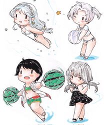  4girls asymmetrical_bangs ball beachball bikini black_hair blush_stickers casual_one-piece_swimsuit chibi commentary_request corrupted_twitter_file flower food frilled_one-piece_swimsuit frills fruit green_bikini green_shorts grey_hair hair_flower hair_ornament hairband highres i-201_(kancolle) jacket kantai_collection kinugasa_(kancolle) leaning_forward long_hair low_twintails mogami_(kancolle) mogami_kai_ni_(kancolle) mogami_kai_ni_(swimsuit)_(kancolle) multiple_girls official_alternate_costume one-piece_swimsuit open_clothes open_jacket poipoi_purin polka_dot polka_dot_swimsuit sagiri_(kancolle) sagiri_kai_(swimsuit_mode)_(kancolle) shawl shirt short_hair short_twintails shorts side-tie_bikini_bottom side-tie_swimsuit swept_bangs swimming swimsuit twintails watermelon white_jacket white_one-piece_swimsuit white_shawl white_shirt |_| 