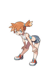  :d bandeau bent_over blue_eyes blue_footwear blue_shirt denim denim_shorts female full_body grey_shorts hands_on_own_knees highres kasumi_(pokemon) mizutani_megumi multicolored_footwear official_art open_mouth orange_bandeau orange_hair pokemon pokemon_lgpe red_footwear shirt shoes short_hair shorts side_ponytail smile sneakers solo spiked_hair tongue two-tone_shirt white_background white_footwear white_shirt 