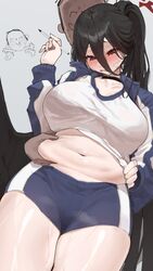  1boy belly belly_grab black_choker black_hair black_wings blue_archive blush breasts choker clothes_lift commentary cowboy_shot doodle_sensei_(blue_archive) embarrassed fat_rolls female furrowed_brow grabbing grabbing_from_behind gym_shirt gym_shorts gym_uniform hair_between_eyes halo hasumi_(blue_archive) hasumi_(track)_(blue_archive) highres jacket large_breasts long_bangs long_hair looking_down midriff navel official_alternate_costume open_clothes open_jacket parted_lips plump pomp_(qhtjd0120) ponytail red_eyes sensei_(blue_archive) shirt shirt_lift short_shorts shorts solo_focus stomach sweat symbol-only_commentary thighs track_jacket wet white_shirt wings 