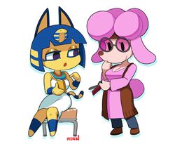  2023 animal_crossing ankha_(animal_crossing) anthro armband bangs blue_armband blue_ears blue_hair blunt_bangs bob_cut canid canine canis clothing digital_media_(artwork) domestic_cat domestic_dog duo egyptian egyptian_clothing electronics eyewear felid feline felis female glasses glistening_eyelids hair harriet_(animal_crossing) hi_res lidded_eyes mammal markings minus8 neckwear nintendo phone pink_clothing pink_hair poodle scissors striped_markings striped_tail stripes tagme tail tail_markings uraeus yellow_body yellow_inner_ear 