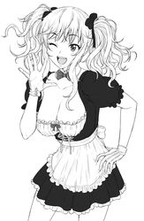  bow bowtie breasts cleavage commentary_request female gloves greyscale hand_on_own_hip hand_up highres idolmaster idolmaster_cinderella_girls large_breasts long_hair maid monochrome nigou ohtsuki_yui one_eye_closed open_mouth ribbon short_sleeves simple_background solo teeth twintails 