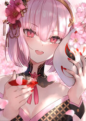  :d asle bare_shoulders black_kimono blurry blurry_background blurry_foreground breasts brown_hairband cleavage commentary cup depth_of_field female flower fox_mask hair_between_eyes hair_flower hair_ornament hairband head_tilt holding holding_cup holding_mask hololive hololive_english japanese_clothes kimono mask mori_calliope mori_calliope_(new_year) nail_polish off_shoulder official_alternate_costume official_alternate_hair_length official_alternate_hairstyle petals pink_flower pink_hair red_eyes red_nails sakazuki short_hair smile solo teeth unworn_mask upper_teeth_only virtual_youtuber 