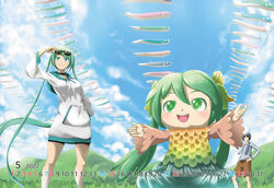  1boy 2girls blue_scarf calendar_(medium) commentary day eyewear_lift eyewear_on_head giant giantess green_eyes green_hair hand_in_pocket hand_on_own_hip hand_up hatsune_miku highres hill hood hoodie kaito_(vocaloid) kodomo_no_hi koinobori lolita_majin long_hair looking_up may mikudayoo multiple_girls open_mouth outdoors outstretched_arms scarf smile standing sunglasses twintails very_long_hair vocaloid white_hoodie windsock 