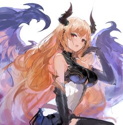  alchemaniac bare_shoulders dark_angel_olivia elbow_gloves female gauntlets gloves granblue_fantasy highres horns long_hair open_mouth orange_hair purple_wings red_eyes shingeki_no_bahamut skirt solo thighhighs wings 