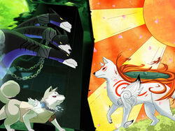  4:3 amaterasu_(okami) atlus canid canine canis capcom clover_studio comparison crossover feral koromaru light low_res male mammal megami_tensei megami_tensei_persona moon moonlight okami_(capcom) persona_(series) persona_3 sega sun sunlight unknown_artist wolf 