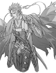  1boy closed_eyes closed_mouth fate/grand_order fate_(series) greyscale gun haori hijikata_toshizou_(fate) holster holstered japanese_clothes katana komiya_kuniharu male_focus monochrome rifle sheath sheathed shinsengumi sideburns solo sword vest waistcoat weapon 