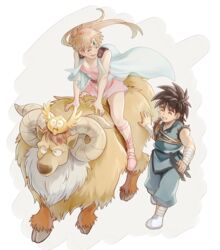  1boy b-saku bandaged_arm bandages black_hair blonde_hair cape circlet closed_eyes dai_(dragon_quest) dragon_quest dragon_quest_dai_no_daibouken female gome highres horns long_hair madox_(dragon_quest) monster princess_leona riding smile 