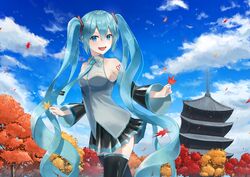  :d autumn_leaves black_skirt black_sleeves black_thighhighs blue_eyes blue_hair blue_nails blue_sky cloud collared_shirt commentary cowboy_shot day detached_sleeves dress_shirt female floating_hair grey_shirt hair_between_eyes hatsune_miku highres leaf long_hair long_sleeves looking_at_viewer maple_leaf miniskirt nail_polish nekoreito open_mouth outdoors pleated_skirt shirt skirt sky sleeveless sleeveless_shirt smile solo standing thighhighs very_long_hair vocaloid wing_collar yasaka_pagoda zettai_ryouiki 