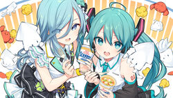  2girls :d ahoge arm_tattoo belt black_belt black_flower black_ribbon black_rose black_skirt black_sleeves blue_eyes blue_flower blue_hair blue_necktie blue_rose blush brooch clover collared_shirt commentary crab crab_stick detached_sleeves flower food fork from_above hair_flower hair_ornament hatsune_miku headset highres hinomori_shizuku holding holding_fork jewelry kiya_machi layered_skirt long_hair long_sleeves looking_at_viewer microphone mole mole_under_mouth multiple_girls neck_ribbon necktie nissin_cup_noodle noodles number_tattoo official_art pearl_hair_ornament pleated_skirt project_sekai ribbon rose shirt skirt sleeveless sleeveless_shirt smile squid tattoo twintails upper_body vest vocaloid white_shirt white_skirt white_vest yellow_wristband 