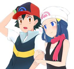  1boy baseball_cap beanie black_gloves black_hair black_shirt blue_eyes blue_hair blush bracelet brown_eyes closed_mouth commentary_request couple dawn_(pokemon) female gloves hand_on_headwear haruzu2000 hat heart jewelry locked_arms long_hair pink_scarf pokemon pokemon_(anime) pokemon_dppt_(anime) print_headwear satoshi_(pokemon) scarf shirt short_sleeves simple_background sleeveless sleeveless_shirt smile straight white_background white_headwear 