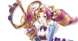  +_+ :d absurdres blonde_hair blue_bow blue_dress blue_eyes bow bowtie breasts bwcloud cafe_cuties_(league_of_legends) cafe_cuties_gwen cone_hair_bun dress drill_hair female gwen_(league_of_legends) hair_bun heterochromia highres league_of_legends long_hair long_sleeves looking_at_viewer maid maid_headdress multicolored_hair open_mouth oversized_object parted_bangs pink_hair red_hair scissors shiny_clothes signature simple_background smile solo teeth twin_drills two-tone_hair upper_body upper_teeth_only white_background 