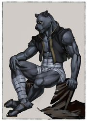  2019 5_fingers anthro arm_wraps bandage biceps black_body black_clothing black_ears black_fur black_sclera black_topwear black_vest border claws clothed clothing felid fingers footwear fur grey_background inubikko leg_wraps male mammal melanistic pantherine partially_clothed pecs sandals simple_background sitting sleeveless_shirt solo topwear vest white_border wraps yellow_eyes yellow_sclera 