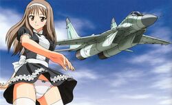  absurdres aika_(series) aika_r-16 aircraft airplane airplane_wing artbook back_bow black_dress black_neckwear blush bow bow_panties breasts brown_eyes brown_hair closed_mouth cloud crotch_seam dress extra female flying frilled_dress frilled_panties frills headband highres long_hair looking_at_viewer medium_breasts mig-29 military military_vehicle official_art panties sash short_sleeves sky solo standing thighhighs underwear vehicle_focus white_panties white_thighhighs wind wind_lift yamauchi_noriyasu 