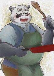  2022 anthro apron bear black_body black_nose blush bottomwear closed_eyes clothing cooking eyewear giant_panda glasses hi_res humanoid_hands kemono male mammal overweight overweight_male pants pinoren sasayama_akira shirt solo topwear vtuber white_body 