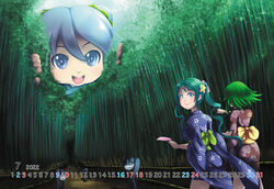  3girls bamboo bamboo_forest blue_kimono calendar_(medium) commentary floral_print forest giant giantess green_hair gumi hair_ornament hatsune_miku highres holding holding_paper japanese_clothes july kimono lolita_majin looking_at_viewer looking_back mikudayoo multiple_girls nature outdoors paper pointing red_kimono road shiteyan&#039;yo smile twintails vocaloid yukata 