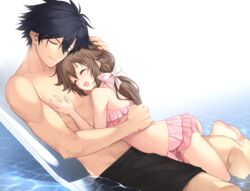  1boy bikini black_hair bow brown_hair closed_eyes commentary couple eiyuu_densetsu feet female hairbow hakuleg hand_on_another&#039;s_chest hug long_hair male_swimwear open_mouth pink_bikini ponytail pool rean_schwarzer sen_no_kiseki sen_no_kiseki_iii simple_background smile straight swim_trunks swimsuit towa_herschel water white_background 