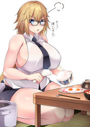  :o absurdres annoyed bare_shoulders black-framed_eyewear blue_eyes breasts chopsticks egg fate/apocrypha fate_(series) female glasses highres huge_breasts jeanne_d&#039;arc_(fate) jeanne_d&#039;arc_(girl_from_orleans)_(fate) long_hair muyoshito necktie parted_lips plump ponytail rice rice_cooker seiza sideboob simple_background sitting skirt solo thick_thighs thighs translated very_long_hair white_background 