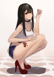  absurdres bad_id bad_pixiv_id bare_shoulders black_choker black_hair blue_shorts breasts choker closed_mouth commentary dolphin_shorts enokawa_kokoro_(hara_kenshi) female full_body hair_between_eyes hand_on_own_thigh hand_up hara_kenshi heart heart_print high_heels highres legs long_hair looking_at_viewer mole mole_under_mouth original pumps red_eyes red_footwear shirt short_shorts shorts sidelocks simple_background solo squatting tank_top tattoo thighs white_background white_shirt 