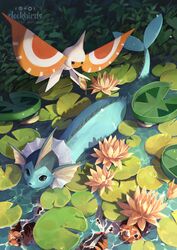  artist_name caustics clockbirds commentary day english_commentary flower highres lily_pad lotad lotus making-of_available masquerain no_humans outdoors partially_submerged photoshop_(medium) plant pokemon pokemon_(creature) seaking swimming vaporeon water watermark 