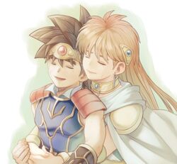  1boy b-saku black_hair blonde_hair cape circlet closed_eyes couple dai_(dragon_quest) dragon_quest dragon_quest_dai_no_daibouken earrings female hug hug_from_behind jewelry long_hair princess_leona scar smile straight tears vambraces 