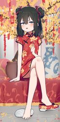  absurdres bare_legs black_hair blush candy china_dress chinese_clothes chinese_new_year crossed_legs double_bun dress feet female floral_print food full_body hair_between_eyes hair_bun hair_ribbon highres holding holding_candy holding_food holding_lollipop hoplitx lollipop looking_at_viewer original plant potted_plant red_dress red_ribbon ribbon shoe_dangle shoes short_sleeves single_shoe sitting solo tongue unworn_shoes 