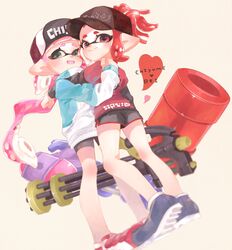  2girls aco_co0 baseball_cap bike_shorts black_headwear black_shorts blue_footwear blunt_bangs blurry closed_mouth clothes_writing commentary_request dolphin_shorts dutch_angle full_body green_eyes hakama hakama_skirt hat heart heavy_splatling_(splatoon) highres holding holding_weapon hug inkling inkling_(language) inkling_girl inkling_player_character jacket japanese_clothes layered_sleeves long_hair long_sleeves looking_at_viewer mini_splatling_(splatoon) multiple_girls no_socks pink_hair pointy_ears red_eyes red_footwear red_hakama red_shirt shirt shoes short_hair short_over_long_sleeves short_ponytail short_shorts short_sleeves shorts skirt smile sneakers splatoon_(series) splatoon_2 t-shirt tentacle_hair weapon white_jacket yuri 