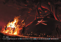  4girls august backlighting bonfire calendar_(medium) commentary crowd daimonji dark drill_hair fire giant giantess hatsune_miku highres kasane_teto lolita_majin mikudayoo mountain mountainous_horizon multiple_girls night open_mouth shiteyan&#039;yo smile smoke twin_drills twintails utau vocaloid 