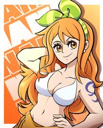  absurdres arm_behind_head bikini breasts character_name cleavage collarbone commentary earrings english_commentary female green_hairband groin hairband hand_on_own_hip highres jewelry kermittend large_breasts long_hair nami_(one_piece) navel one_piece orange_eyes orange_hair shoulder_tattoo smile solo swimsuit tattoo upper_body white_bikini 