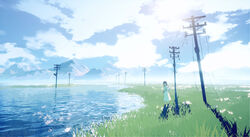  absurdres black_eyes black_hair bouquet chinese_commentary closed_mouth cloud cloudy_sky collarbone commentary day dress female flower grass highres holding holding_bouquet lake long_hair looking_at_viewer maionese mountainous_horizon original outdoors power_lines revision scenery sidelocks sky solo standing unreal_(medium) utility_pole water white_dress white_flower wide_shot 