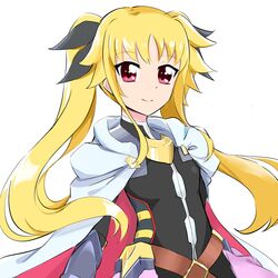  black_bow blonde_hair bow closed_mouth commentary_request fate_testarossa fate_testarossa_(blaze_form_ii) female flat_chest floating_hair hairbow haruzu2000 hat highres long_hair looking_at_viewer lyrical_nanoha mahou_shoujo_lyrical_nanoha_reflection red_eyes simple_background smile solo upper_body very_long_hair white_background white_hat 