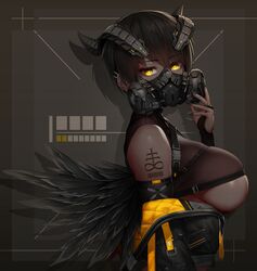  absurdres barcode barcode_tattoo bare_shoulders black_jacket black_nails black_wings breasts bridal_gauntlets brown_hair commentary crop_top cropped_jacket dark-skinned_female dark_skin ear_piercing feather_trim feathered_wings female from_side glowing glowing_eyes grey_background hand_up headgear highres horns jacket large_breasts leviathan_cross looking_at_viewer looking_to_the_side mask mechanical_horns nail_polish off_shoulder open_clothes open_jacket original piercing respirator short_hair shoulder_tattoo skindentation solo symbol-only_commentary tattoo underboob unzipped upper_body vana wings yellow_eyes 